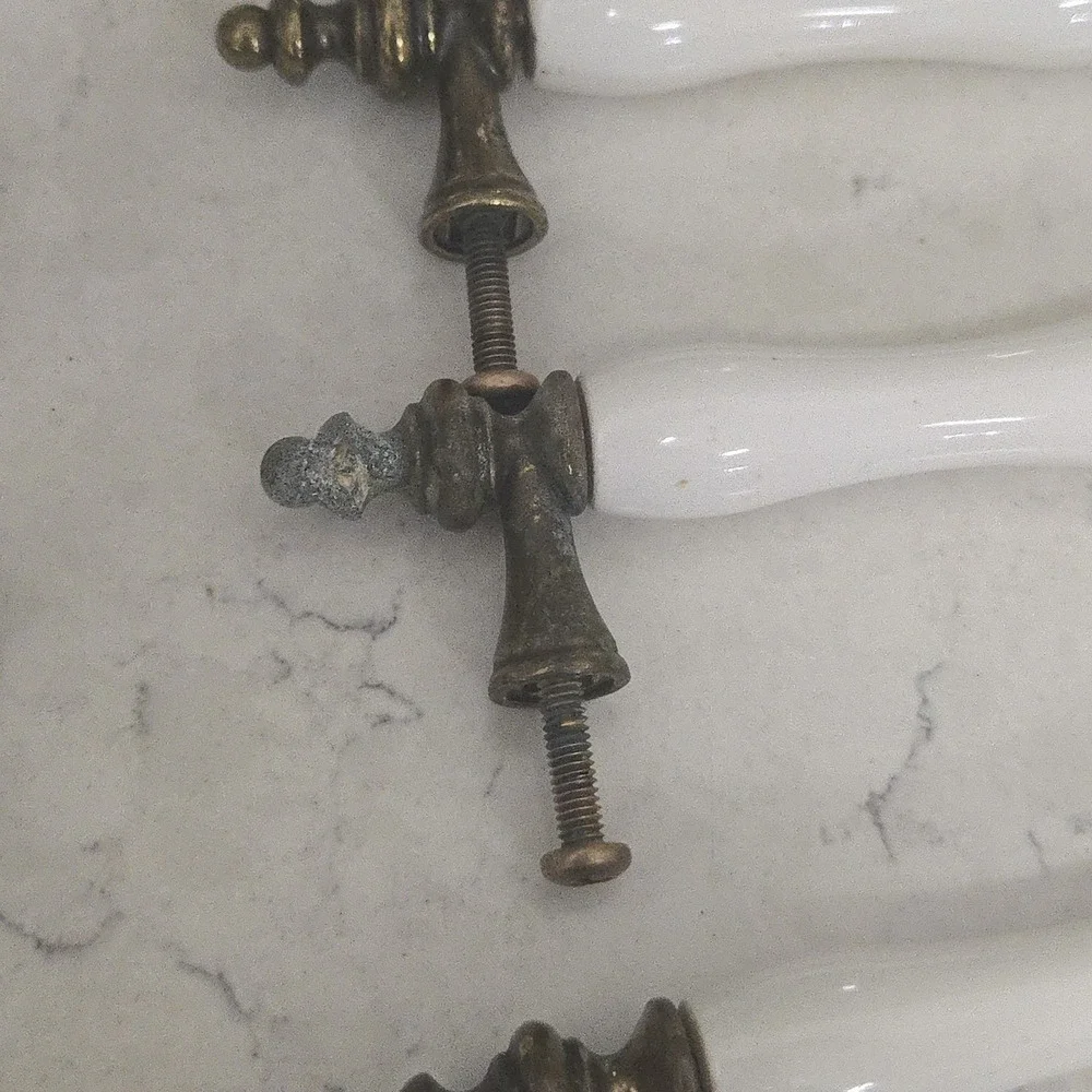 21 Antique White Porcelain & Brass Drawer Pull Cabinet Handles Heavy Patina READ